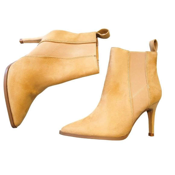 Mustard Tan Suede Heeled Bootie Ankle Boot Pointed Toe Size 5 JJ3320 - Picture 2 of 10